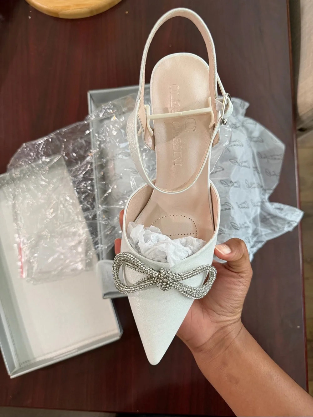 Oleg Cassini White Pointed Crystal-Embellished Slingback Heels